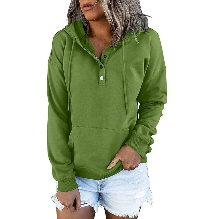 KIJBLAE Discount Women's Fashion Sweatshirt Button Pocket Drawstring  Pullover Tops Solid Color Casual Comfy Womens Hoodie Sweatshirt Trendy  Clothes for Women Green XL 