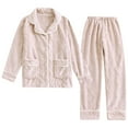 thumbnail image 1 of KIJBLAE Flannel Two Piece Pj Lounge Set Long Sleeve Solid Color Collared Shirt Fleece Pajamas Wide Leg Pants Matching Sets 2 Piece Outfit Sleep Pants Winter Warm Outfits Beige L, 1 of 8
