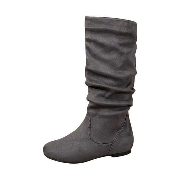 KIJBLAE Flash Deals Women's Slouch Boots Suede Knee High Flat Boots Comfortable Pull on Mid Calf Boots Fashion Fall Winter Boots Gray 40