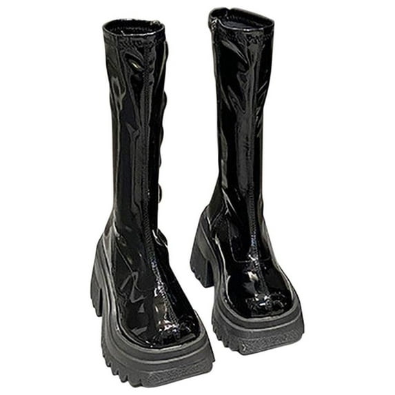 KIJBLAE Flash Deals Womens Platform Mid Calf Boots Block Chunky High Heeled Round Toe Pull On Fashion Combat Boots Knee-High Booties Black 37