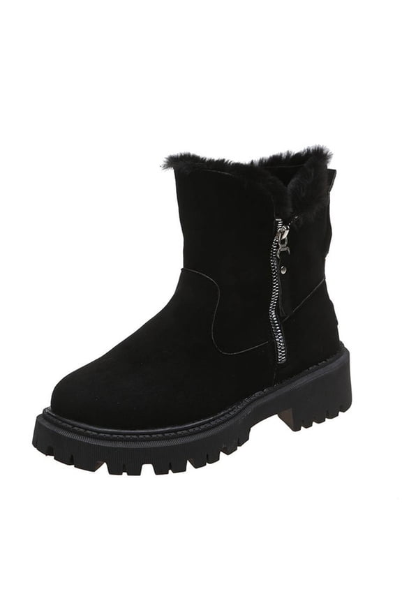Fleece Lined Canvas Low Heel Ankle Boots for Women, Round Toe Side Zipper Big Size Solid Fall Daily Fashion Booties Black 40