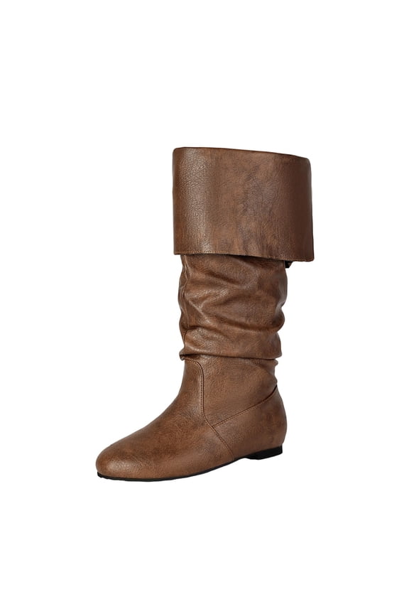 Fold Over Slouch Riding Mid Calf Boots for Women, Flat Sole Solid Slip On Sweet Retro Fall Casual Footwear Brown 39