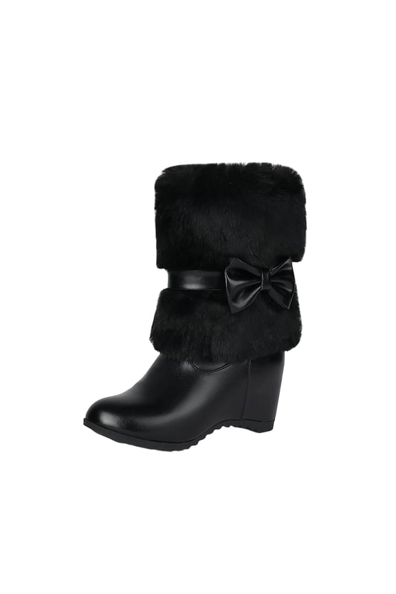 Hidden Lift Bow Decor High Heel Short Ankle Boots for Women, Solid Side Zipper Chunky Block Heel Y2K Fall Fashion Footwear Black 41