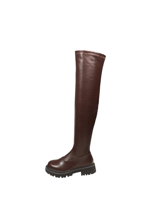 Hidden Lift Mid Heel Over The Knee Sock Boots for Women, Round Toe Chunky Block Heel Stretch Big Size Slim Fit Fall Boots Brown 36