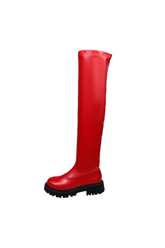 Hidden Lift Mid Heel Over The Knee Sock Boots for Women, Round Toe Chunky Block Heel Stretch Big Size Slim Fit Fall Boots Red 36