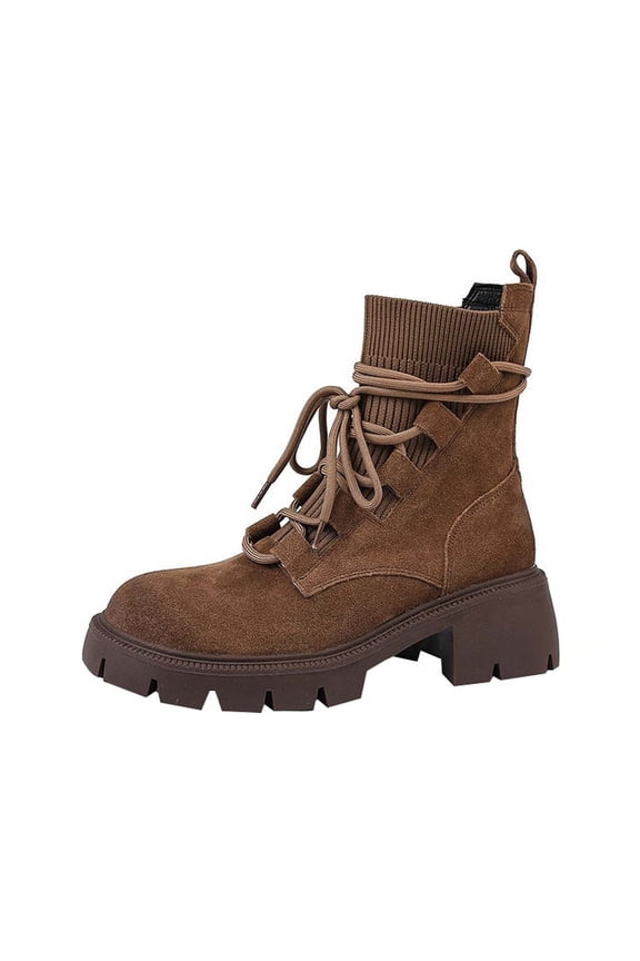 Hidden Lift Platform Vintage Lace Up Chunky Low Heel Short Martin Ankle Boots for Women, Round Toe Solid Soft Leather Footwear Brown 35