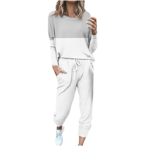 KIJBLAE Jogger Sets for Women 2 Piece Long Pants Crew Neck Long Sleeve Shirts Drawstring Sweatpants Pocket Soft Lounge Sets Gray L