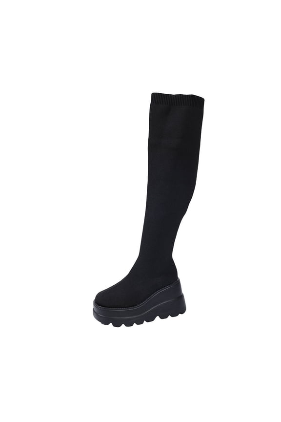 Knit Platform Wedge Over The Knee Sock Boots for Women, Round Toe Slip On Solid Winter Warm Fashion Footwear Black 38