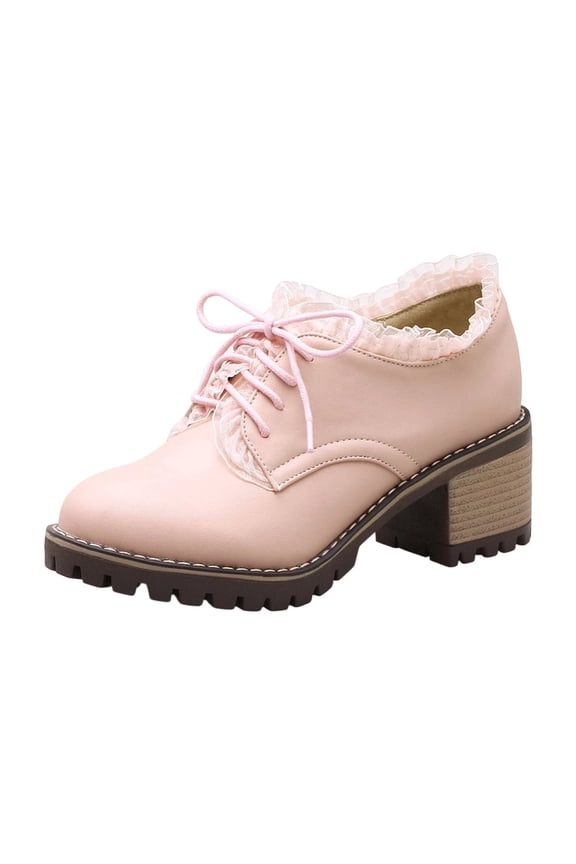 Lace Up Deep V Platform Chunky Low Heel Ankle Boots for Women, Lace Trim Pointed Toe Sweet Fall Daily Footwear Pink 36