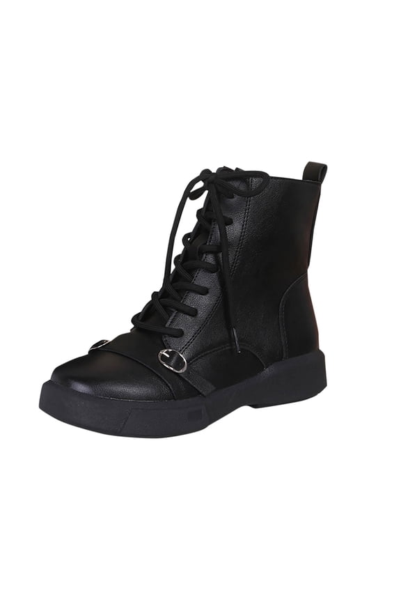 Lace Up Zipper Round Toe Chunky Low Heel Ankle Boots for Women, Solid Soft Slip On Fall Casual Footwear Black 35