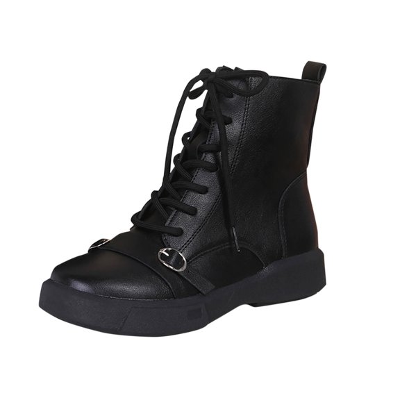 KIJBLAE Lace Up Zipper Round Toe Chunky Low Heel Ankle Boots for Women, Solid Soft Slip On Fall Casual Footwear Black 37