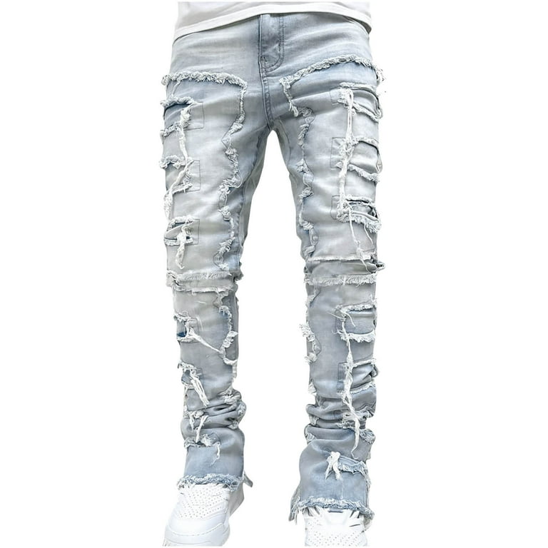 KIJBLAE Men Mid Waist Denim Jeans Fringe Straight Leg Leisure Pants Classic  Solid Work Relaxed Trendy Comfy with Pockets Pants Streetwear Outdoor 
