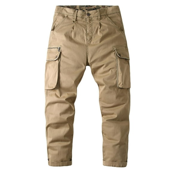 KIJBLAE Men's Cargo Pants Elastic Waist Solid Color Fashion Cozy Daily Trousers Comfy Lounge Casual Soft Multiple Pockets Outdoor Straight Type Fitness Full Length Pants Khaki XXXXL