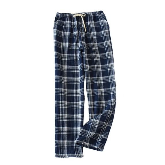 KIJBLAE Men's Cotton Plaid Pajama Pants with Pockets Loose Fit Sleepwear Bottoms Drawstring Elastic Waist Trousers Navy L
