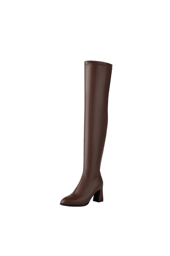 Platform Chunky Mid Heel Over The Knee Boots for Women, Solid Slip On Retro Spice Girl Fall Winter Fashion Tall Booties Brown 43