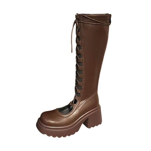 KIJBLAE Platform Lace Up High Calf Riding Tall Martin Boots for Women, Solid Chunky Block Heel Stretch Slim Fit Fall Fashion Booties Brown 36