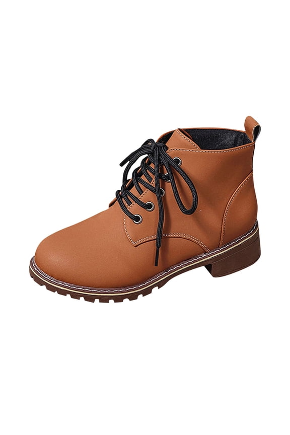 Platform Round Toe Low Heel Ankle Booties for Women, Chunky Block Heel Solid Matte Leather Retro Fall Casual Boots Brown 36