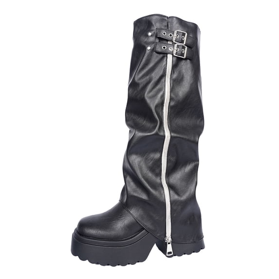 KIJBLAE Platform Ruched Wide Calf Knee High Boots for Women, Round Toe Chunky High Heel Solid Retro Cool Winter Fashion Footwear Black 38