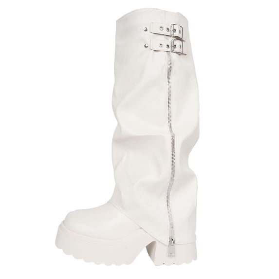 KIJBLAE Platform Ruched Wide Calf Knee High Boots for Women, Round Toe Chunky High Heel Solid Retro Cool Winter Fashion Footwear White 38