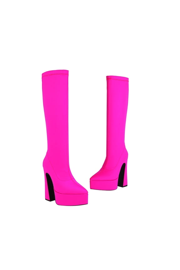Plus Size Suede Mid Calf Boots for Winter, Pointed Toe Platform Irregular Block Heel Warm Daily Fashion Booties Hot Pink 36