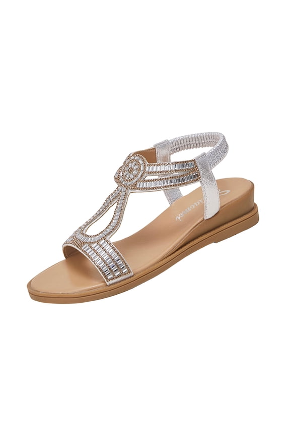 Plus Size Women's Bling Rhinestone Wedge Sandals, Round Open Toe Solid Tone, Back Elastic Strap, Thick Cushioned Platform Shoes Silver 37