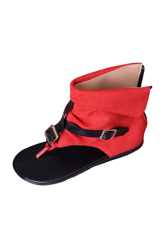 Plus Size Women's Casual Ankle Bootie Sandals, Solid Round Open Toe Thong Style, Rear Zipper Flat Soft Sole Footwear Red 36