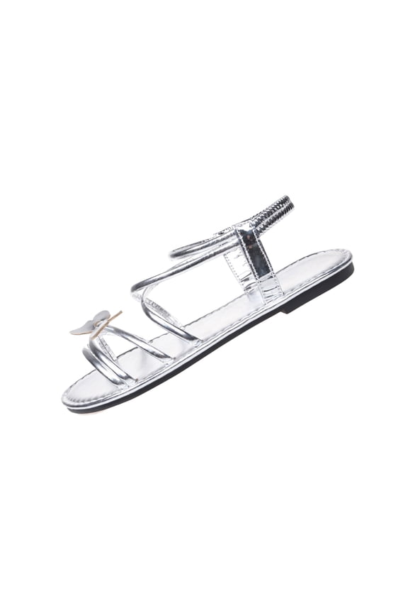 Plus Size Women's Casual Butterfly Flat Sandals, Solid Round Open Toe, Back Elastic Strap, Soft Lightweight Outdoor Daily Shoes Silver 36