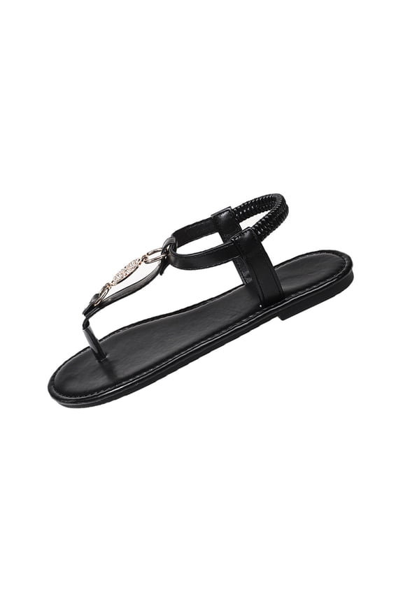 Plus Size Women's Casual Thong Sandals, Solid Round Open Toe, Back Elastic Strap, Soft Comfy Lightweight Daily Outdoor Shoes Black 36