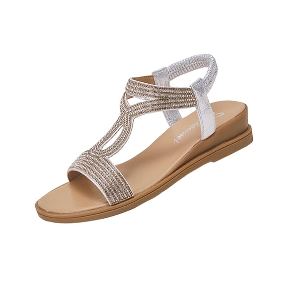 KIJBLAE Plus Size Women's Sparkly Rhinestone Wedge Sandals, Solid Round Open Toe, Thick Platform Sole, Elegant Elevated Summer Footwear Silver 40