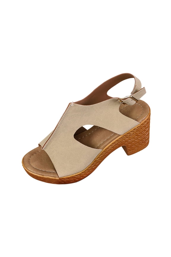 Plus Size Women's Thick Platform Buckle Sandals, Solid Round Toe Design, Chunky High Heel, Adjustable Strap Outdoor Footwear Beige 36