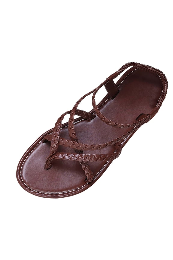 Plus Size Women's Woven Flat Thong Sandals, Round Open Toe Design, Back Elastic Strap Bohemian Style Comfy Outdoor Beach Footwear Coffee 38