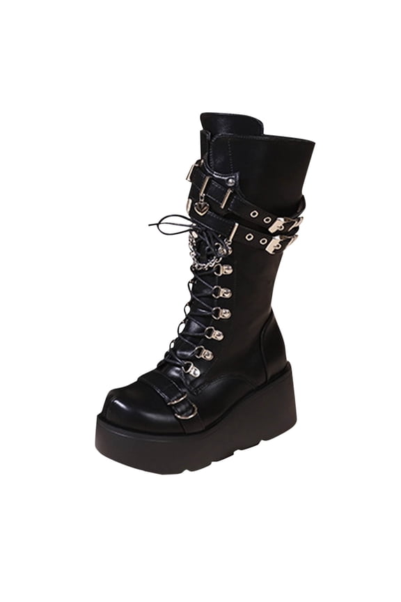 Punk Platform Wedge Heel Tall Knee Boots for Women, Leather Belt Buckle Solid Retro Spice Girl Fall Fashion Footwear Black 37
