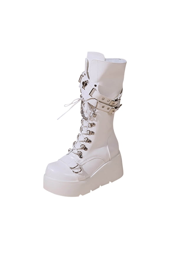 Punk Platform Wedge Heel Tall Knee Boots for Women, Leather Belt Buckle Solid Retro Spice Girl Fall Fashion Footwear White 39