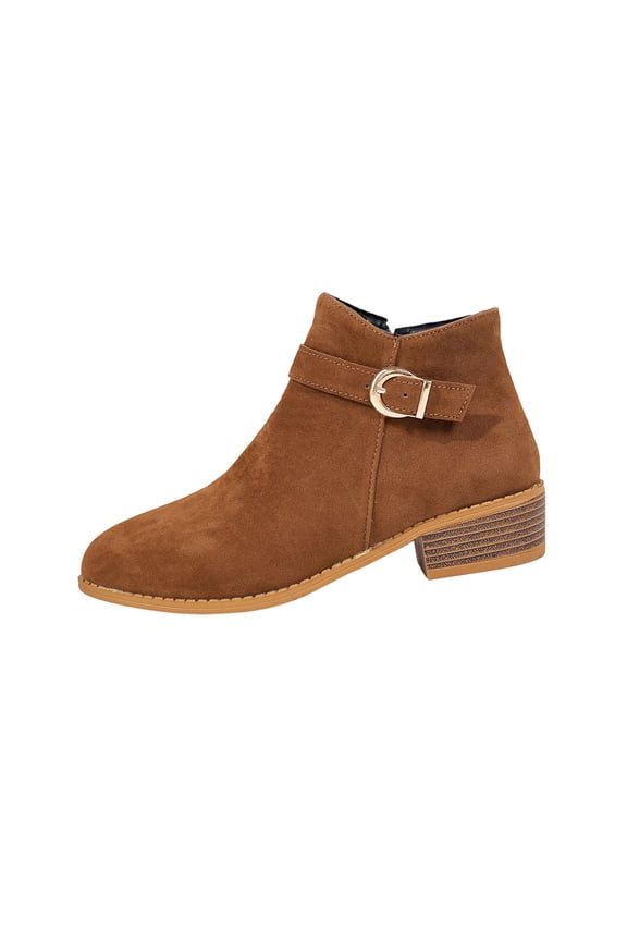 Retro Buckle Detail Low Heel Ankle Booties for Women, Solid Soft Suede Chunky Block Heel Fall Chic Atmosphere Footwear Brown 36
