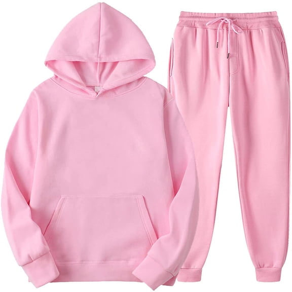 KIJBLAE Tracksuit 2 Piece Autumn Winter Casual Solid Jogger Sport Gym Pockets Sweatsuit Long Sleeve Hoodies and Sweatpant Set Pink XXXL