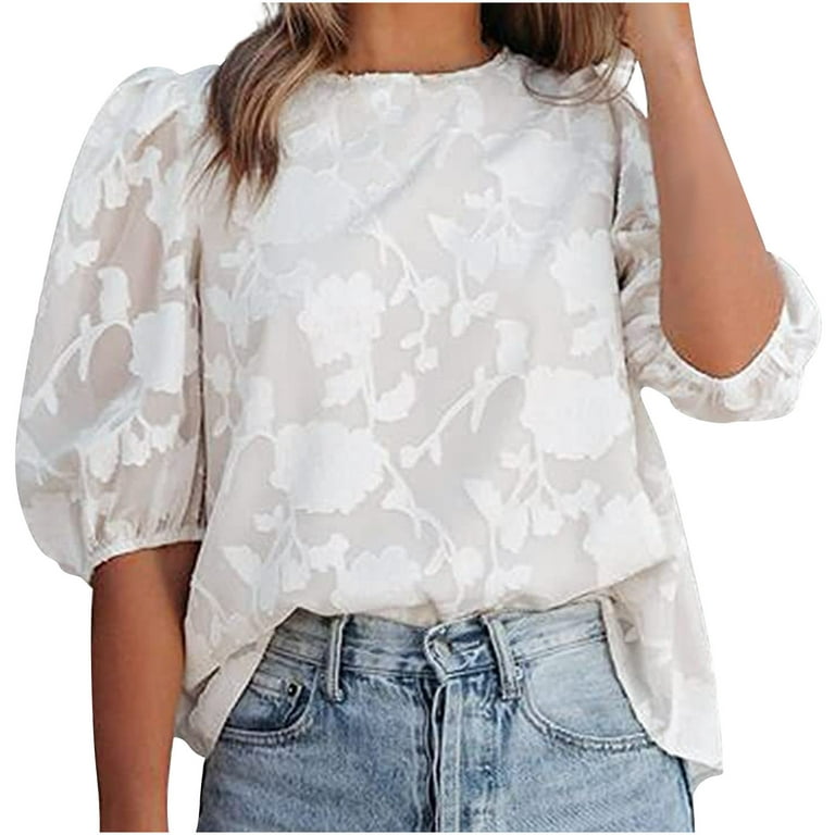 KIJBLAE Round Neck Shirt for Girls Female Fashion Cozy Tops Ruffle Soft  Casual Chiffon Womens Clothes Summer Short Sleeve Shirts for Women Floral  Print Blouse White XL 