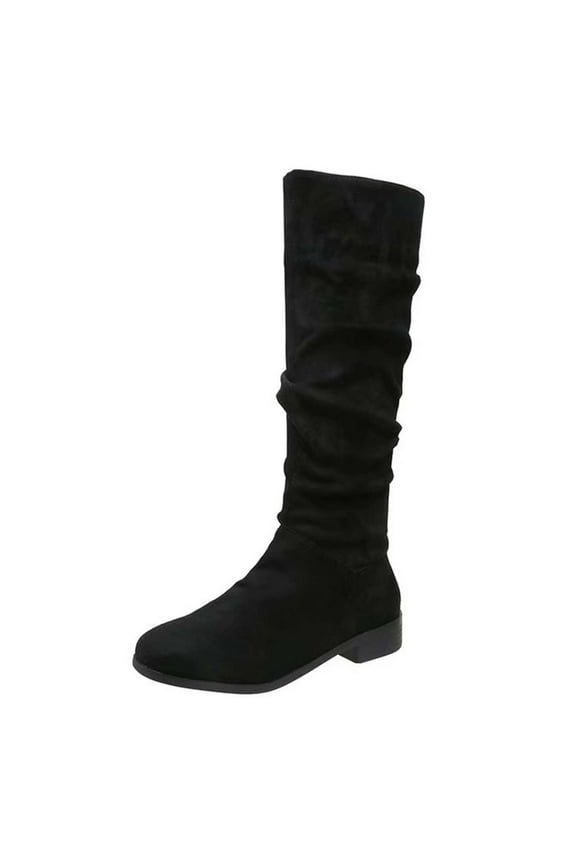 Ruched Slouch Flat Mid Calf Riding Boots for Women, Soft Suede Slip On Minimalist Fall Daily Fashion Footwear Black 36