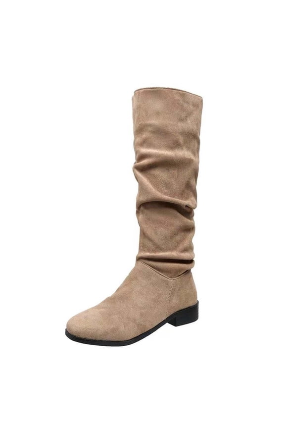 Ruched Slouch Flat Mid Calf Riding Boots for Women, Soft Suede Slip On Minimalist Fall Daily Fashion Footwear Khaki 35