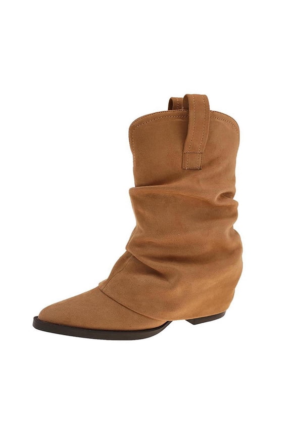 Ruched Slouch Pointed Toe Slip On Chunky Low Heel Mid Calf Boots for Women, Solid Soft Suede Winter Fashion Footwear Brown 36