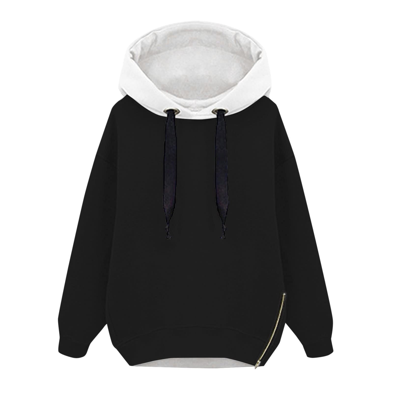 KIJBLAE Sales Women's Fashion Sweatshirt Zip Slit Drawstring Pullover Tops  Color Block Casual Comfy Womens Hoodie Sweatshirt Trendy Clothes for Women