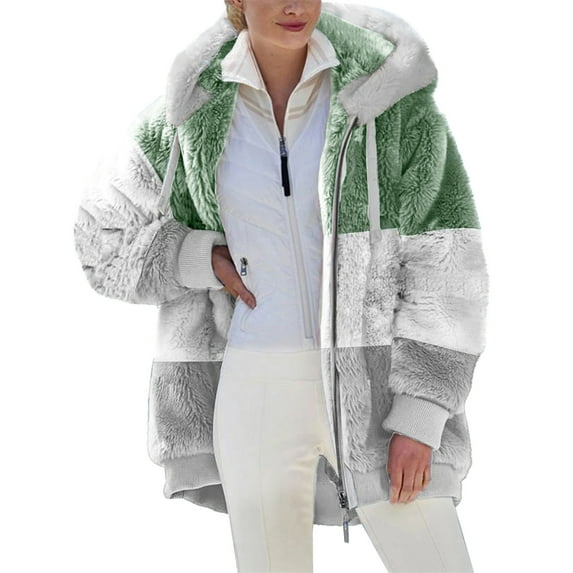 KIJBLAE Savings Winter Coats for Women Fuzzy Fleece Sherpa Jackets Hooded Color Block Patchwork Cardigan Coats Outerwear Plush Tops with Drawstring Green XXXXL