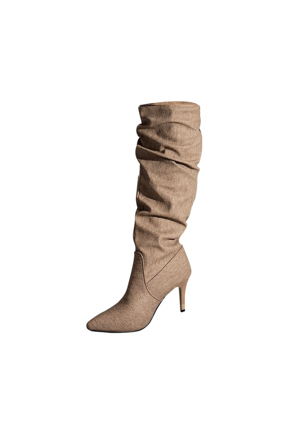 Solid Chunky High Heel Mid Calf Fashion Boots for Women, Comfort Soft Slip On Fall Casual Footwear Khaki 35