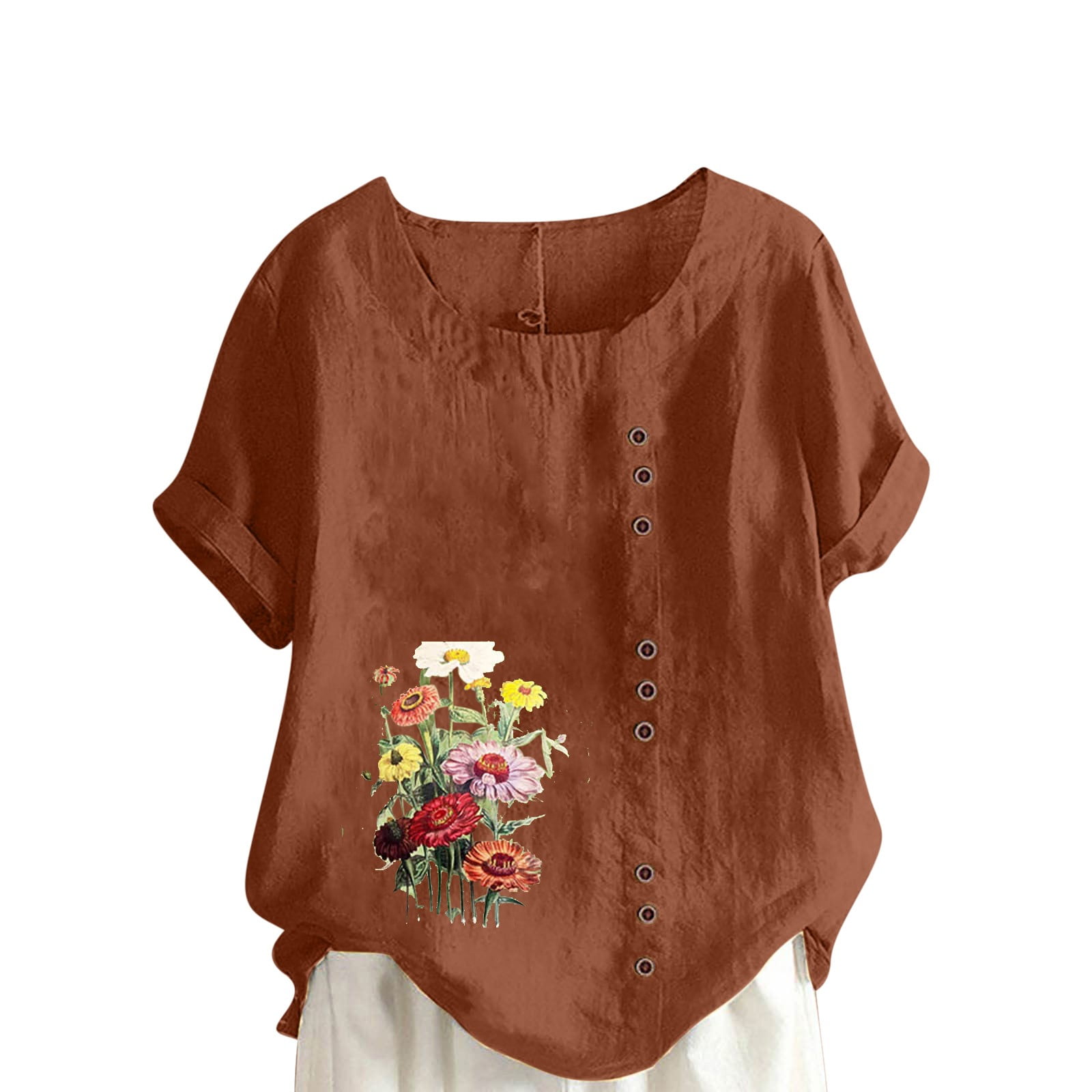 KIJBLAE Summer Shirts for Women Tummy Control Clothes for Girls Babysbreath  Print Tops Button V-Neck T-shirt Short Sleeve Tees Pleat Flowy Tunic