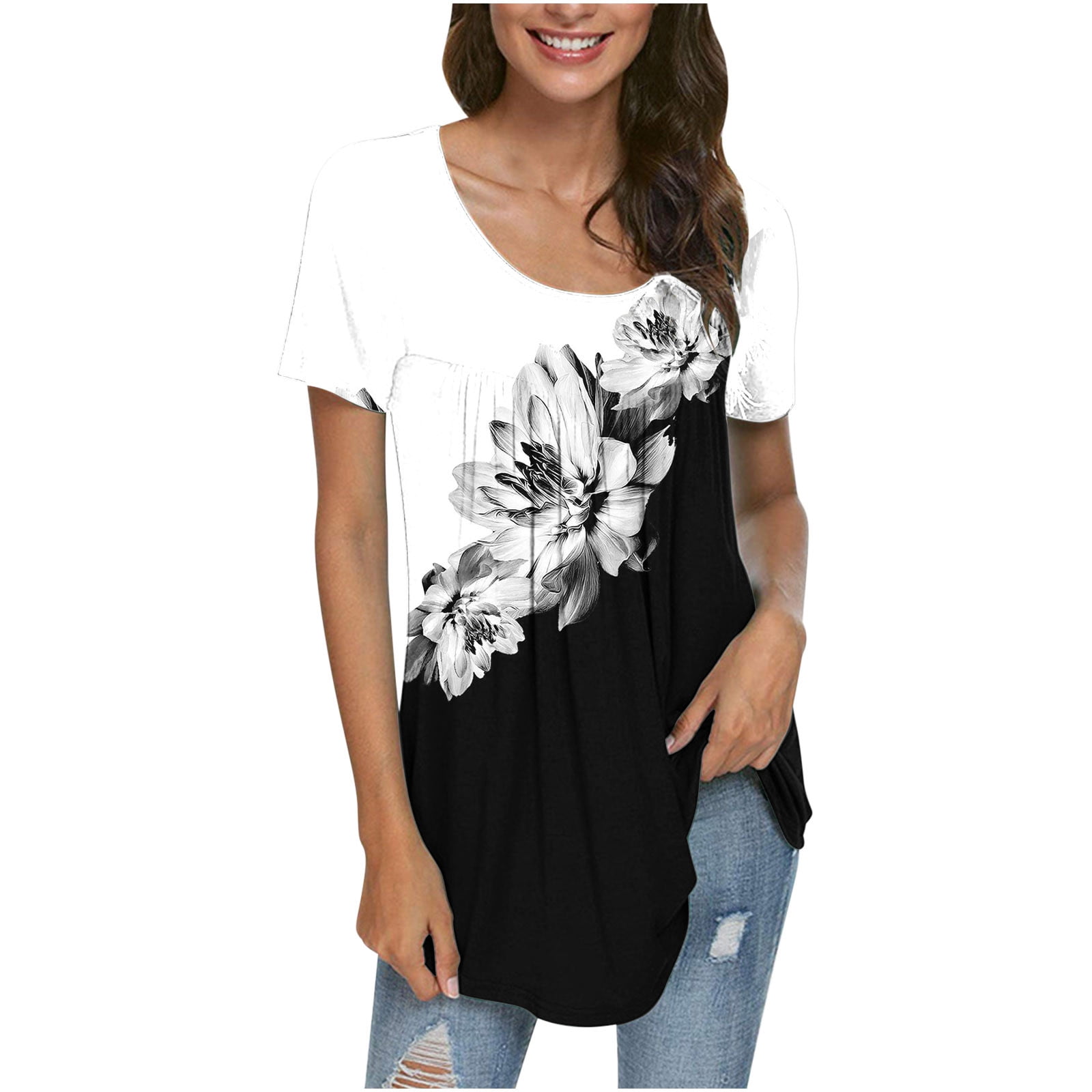 KIJBLAE Summer Shirts for Women Floral Print Tops Tummy Control Clothes for  Girls Pleat Flowy Tunic Blouses Short Sleeve Tees U-Neck T-shirt Black S  Rollbacks 