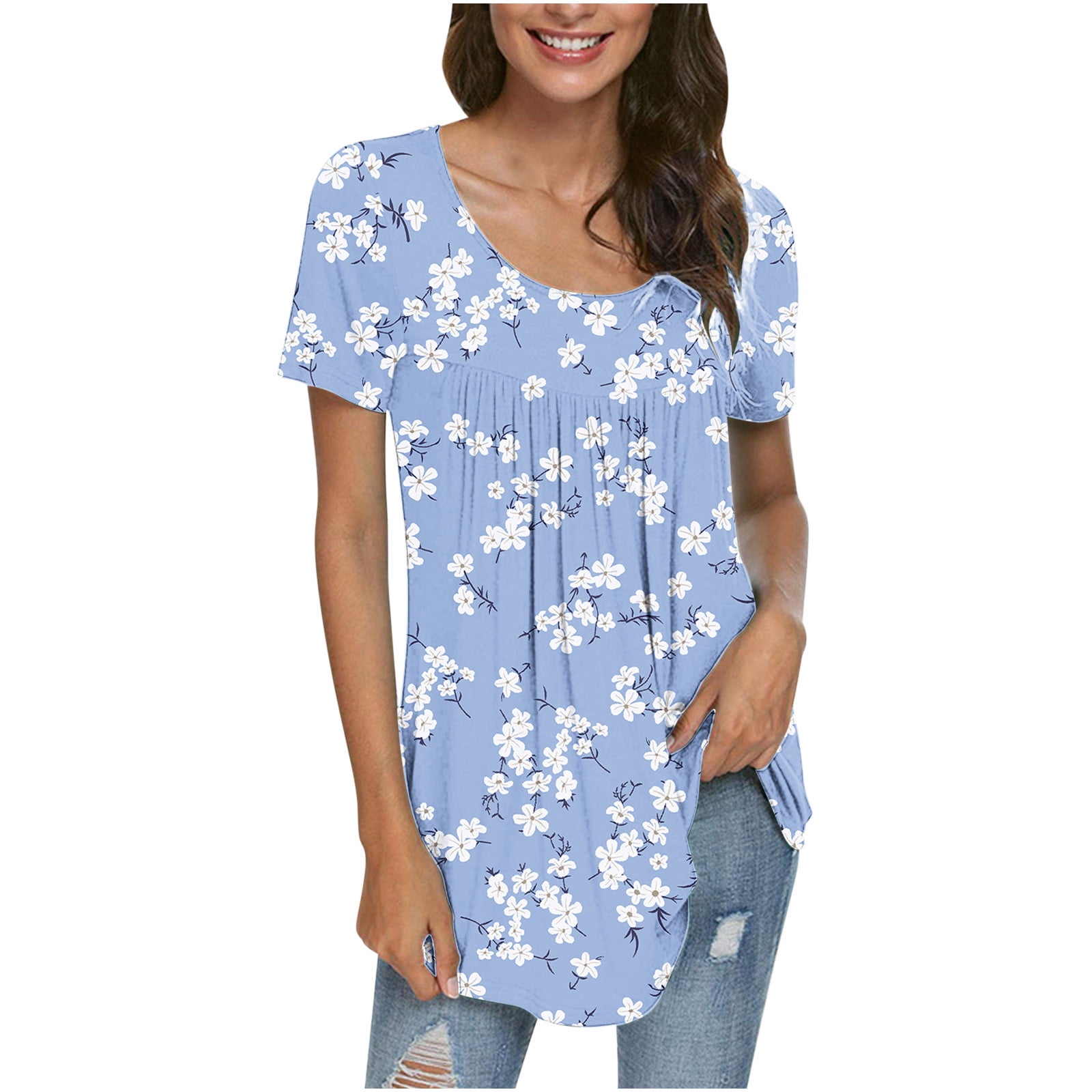 KIJBLAE Summer Shirts for Women Floral Print Tops Tummy Control