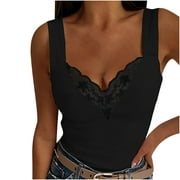 KIJBLAE Summer Tank Tops for Women Solid Color Print Tops Casual Slim Fit Camis Vest Lace Trim Strap Camisole Sleeveless Shirts for Girls V-Neck Blouse Black M