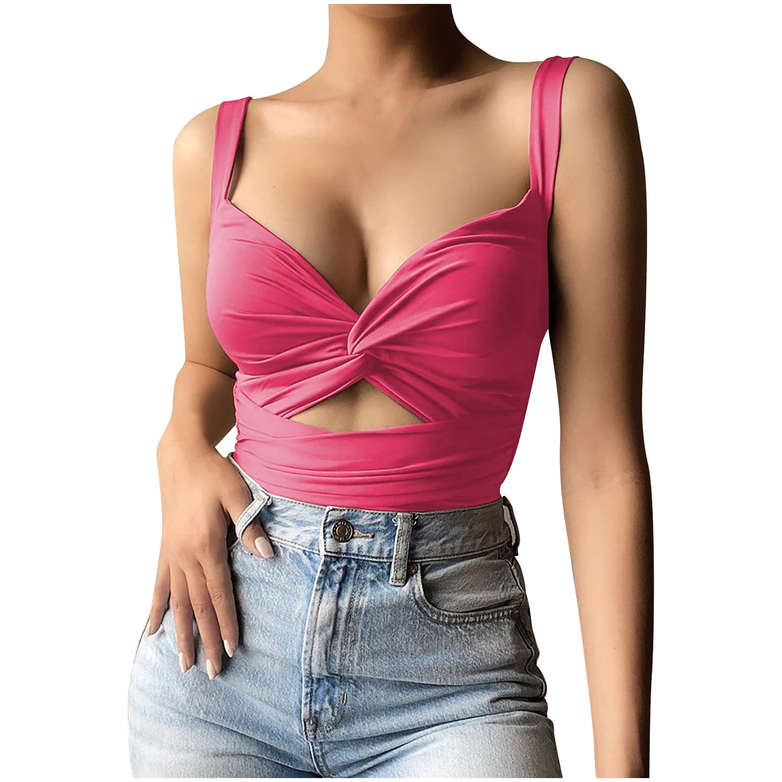 KIJBLAE Teen Girls Summer Shirts Women's Fashion Crop Tank Tops Sexy Slim  Cami Sleeveless V Neck Vest for Women Cozy Clothes Solid Camisole Backless  Bandana Tee Shirts Discount Hot Pink XL 