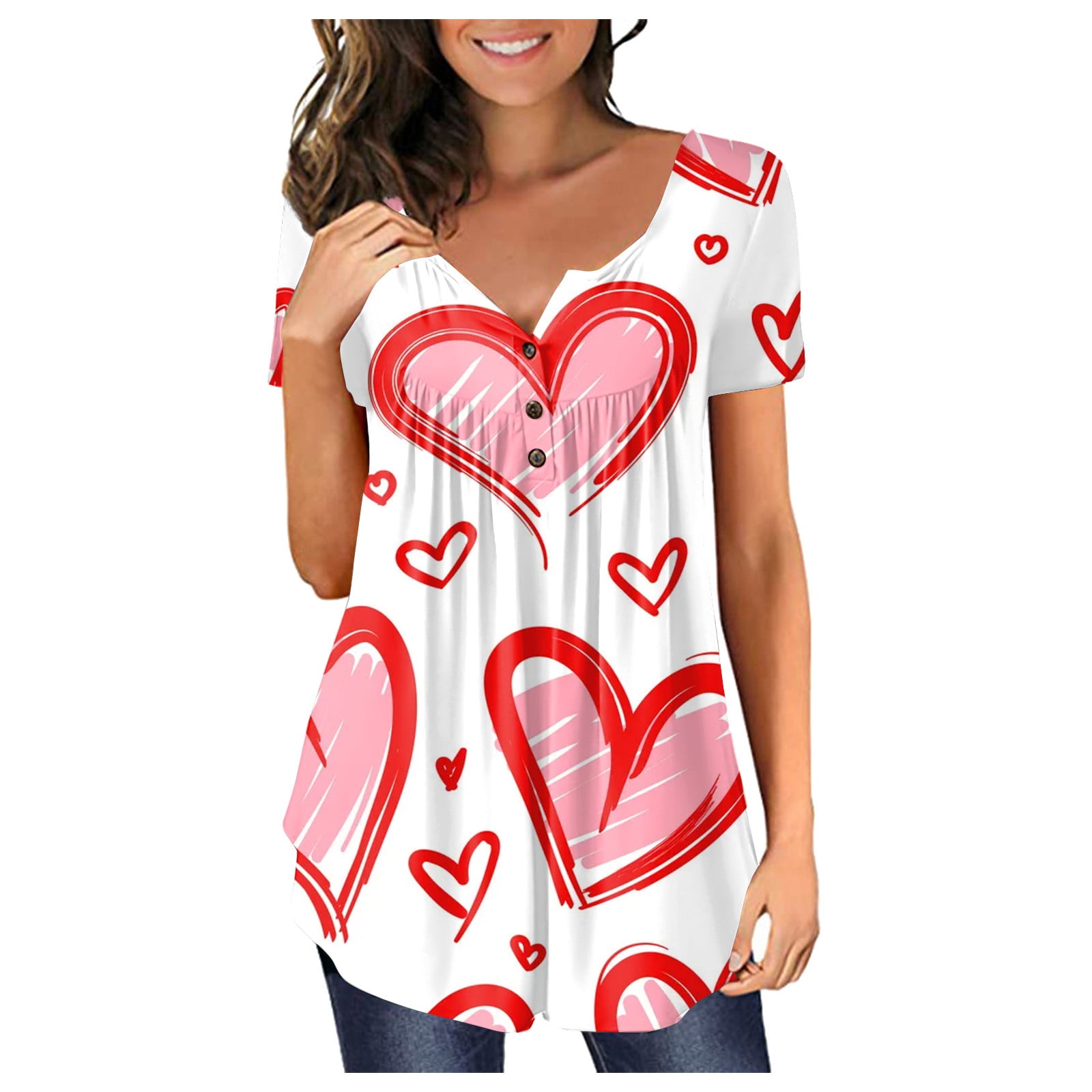Womens V Neck T Shirts Lace Up Sweet Heart Print,Daily