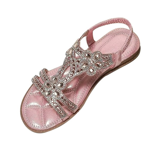 KIJBLAE Women Bohemian Sandals Beaded Rhinestone Open Toe Flats Summer Shoes Ladies Ankle Strap Sandals Comfort Sandals Plus Size 35-43 Pink 42