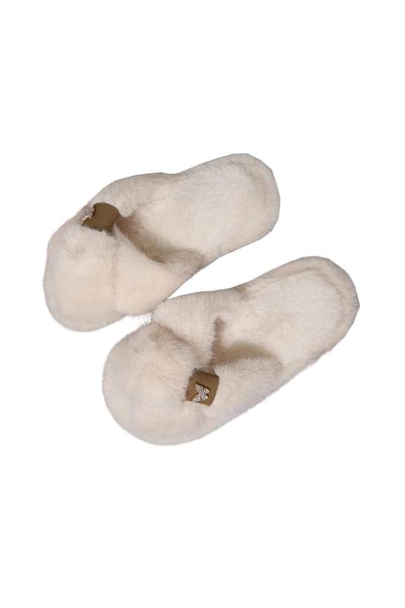 Women Cross Strap Rhinestone Accent Fluffy Open Toe Slippers, Soft Warm Winter Indoor Slides, Minimalist Trendy Daily Comfort Ladies Casual House Sandals White 36